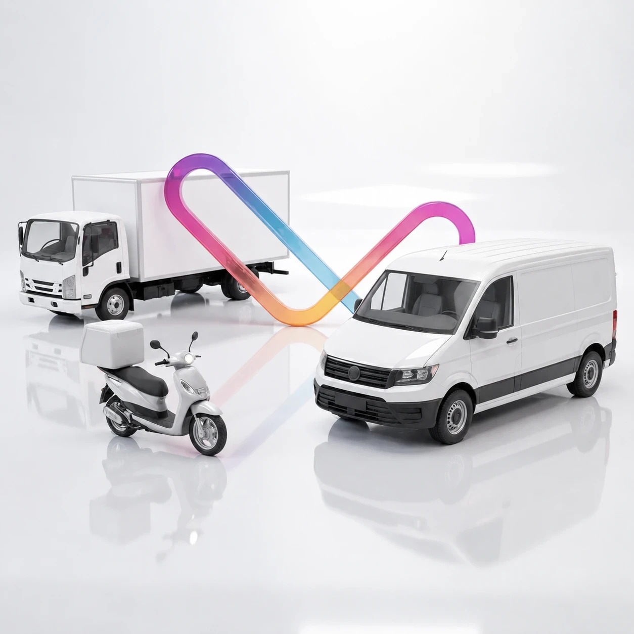 Loop delivery vehicles including a truck, scooter, and van surrounding an infinity loop graphic